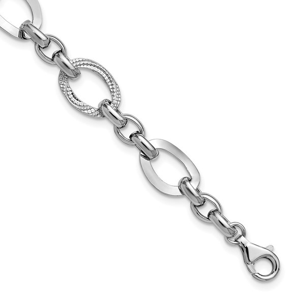 925 Sterling Silver RH-plat Polish/Textured Fancy Link w/1.25in ext. Bracelet